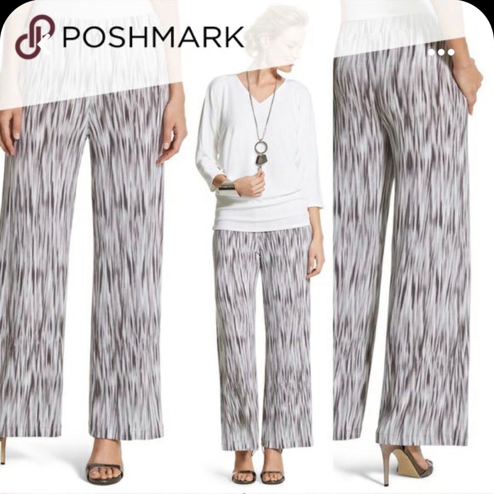 NWT Chico's Painterly Ikat Fluid Pant Palazzo Gray White - Sz 2 12/14